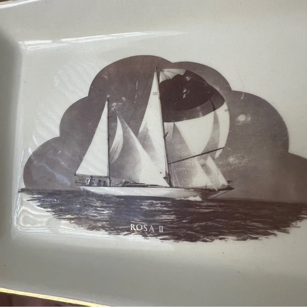Vintage MCM Sailboat trinket dish decorative plate gilded Delano Studios 1965